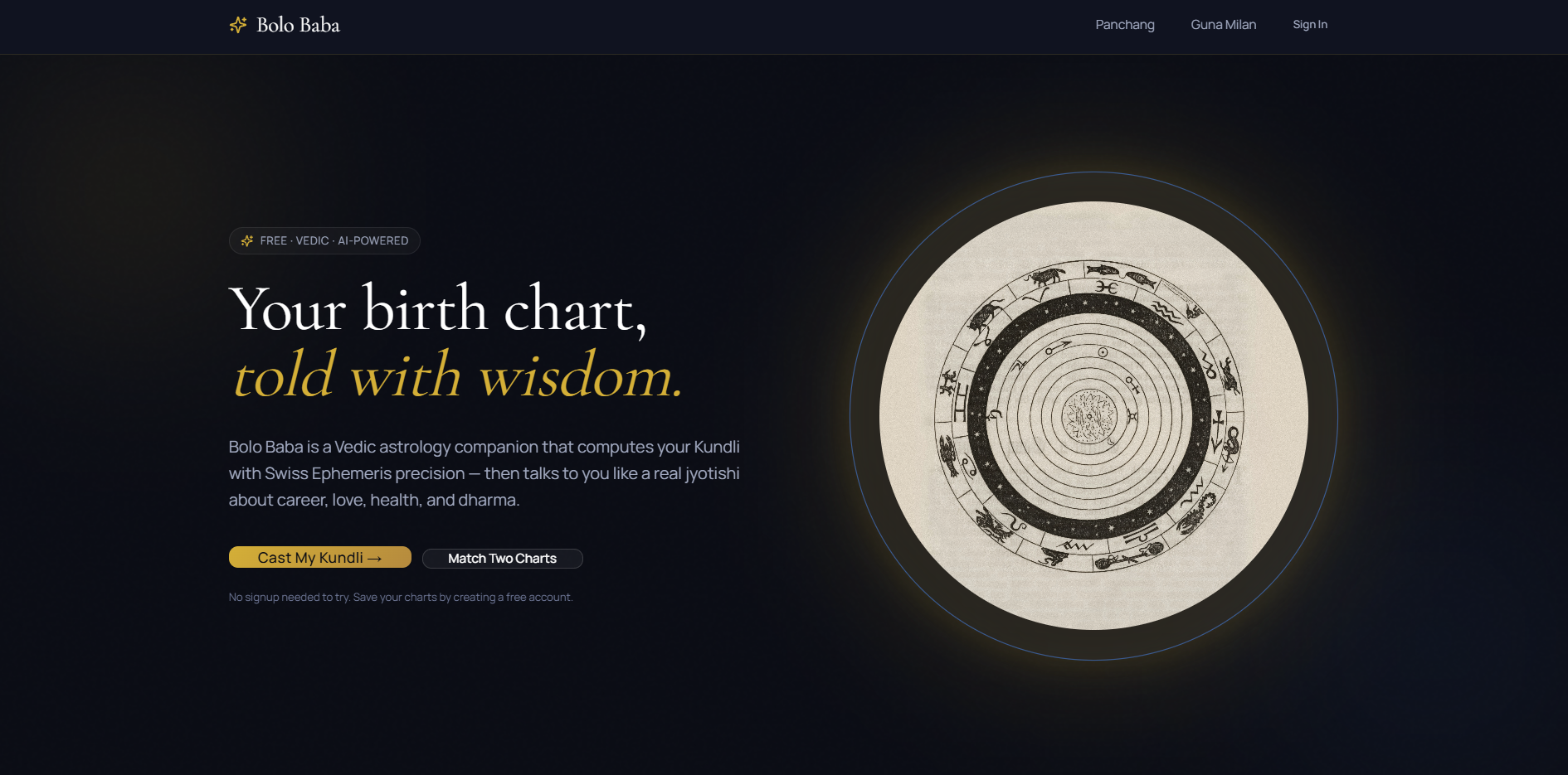 Bolo Baba home screen showing Vedic astrology birth chart experience